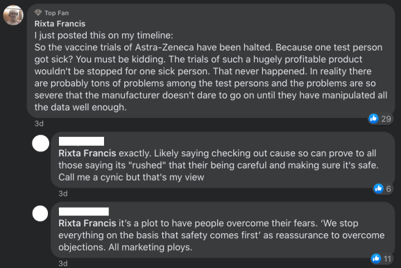 Facebook: Rixta Francis misleads over Oxford COVID vaccine trial