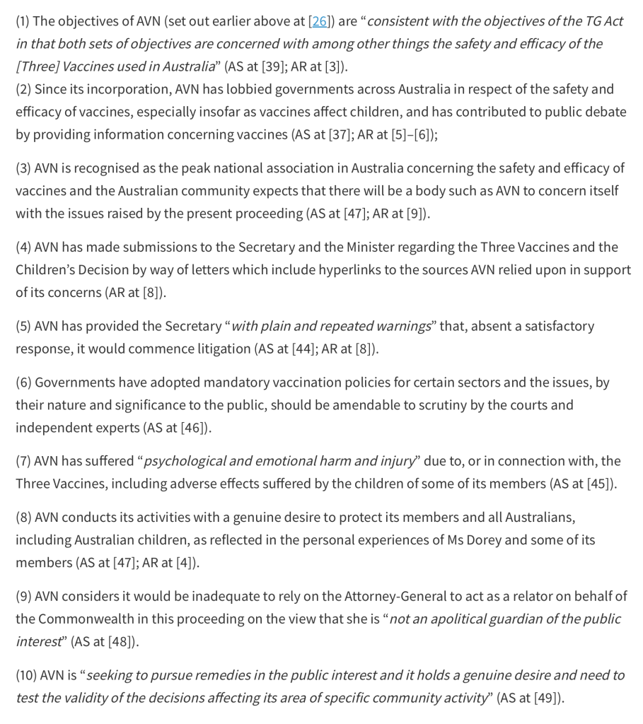 Matters relied on by the AVN, in support of its case for standing targeting COVID-19 vaccines, in Australian Federal Court, March 2022.