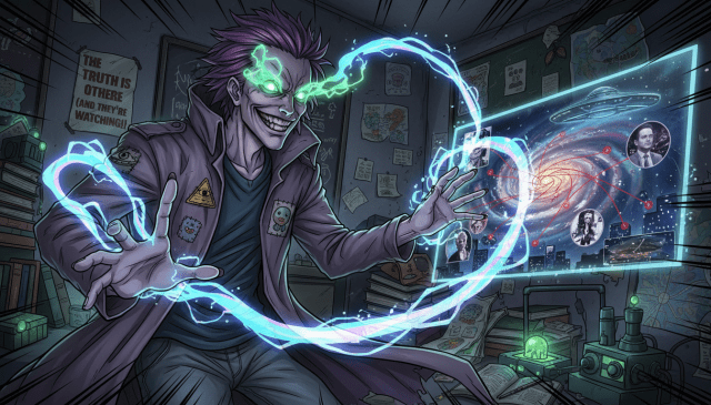 Man with glowing green eyes casting blue magical energy surrounded by conspiracy theory images