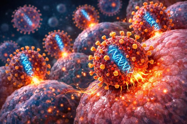 Virus particles with orange spikes attaching to human cells with glowing RNA inside