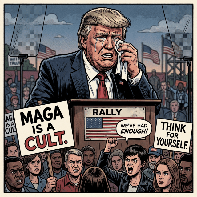 Speaker crying at rally while protesters hold signs saying 'MAGA is a cult' and 'Think for yourself'