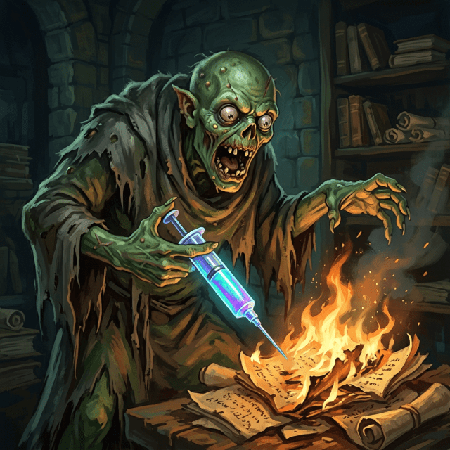 Zombie in tattered robe injecting glowing syringe into burning book in old library
