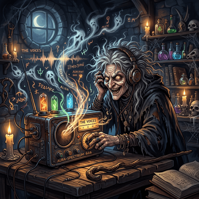 Older witch with headphones tuning a mystical radio emitting ghostly voices