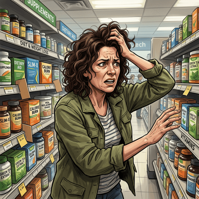 Worried shopper surrounded by weight-loss and dietary supplements