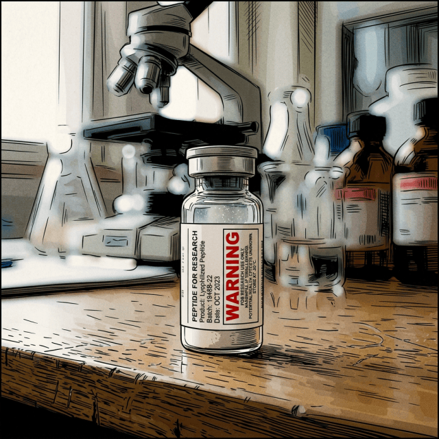 Research peptide vial labeled for research use only on a laboratory bench